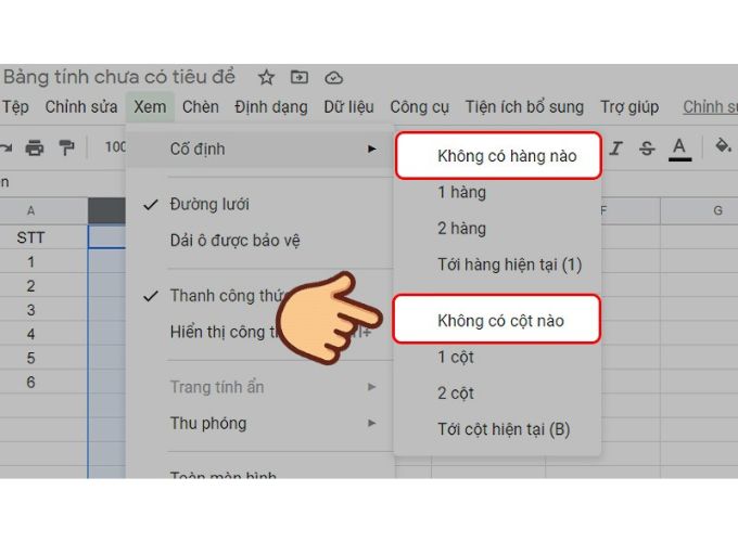 hủy bỏ cố định hàng trong Google Sheet 3