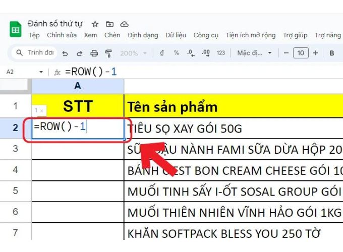 Sử dụng hàm ROW để đánh số thứ tự trong Google Sheet