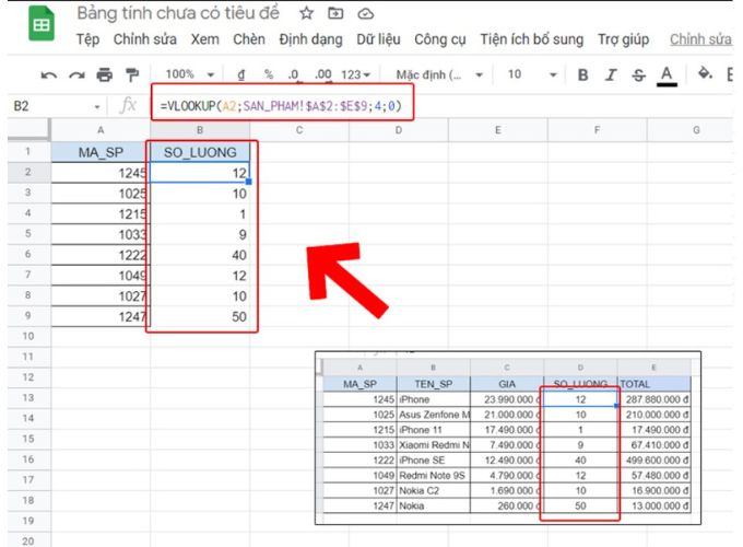 Sử dụng hàm Vlookup để chuyển dữ liệu từ sheet này sang sheet khác trong Google sheets