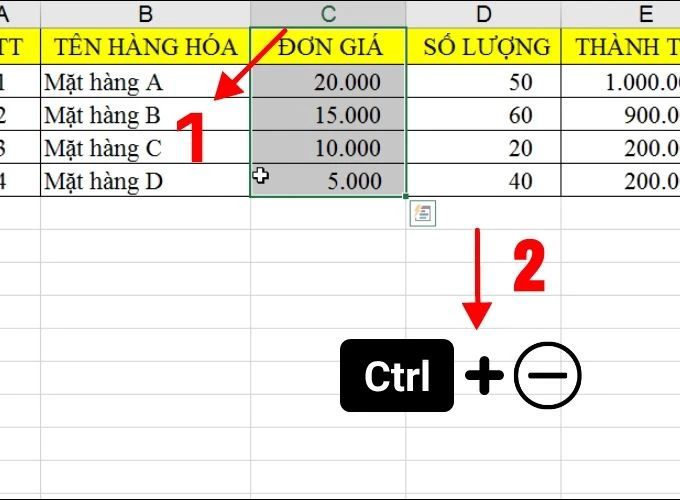 Xóa cột trong Excel bằng phím tắt