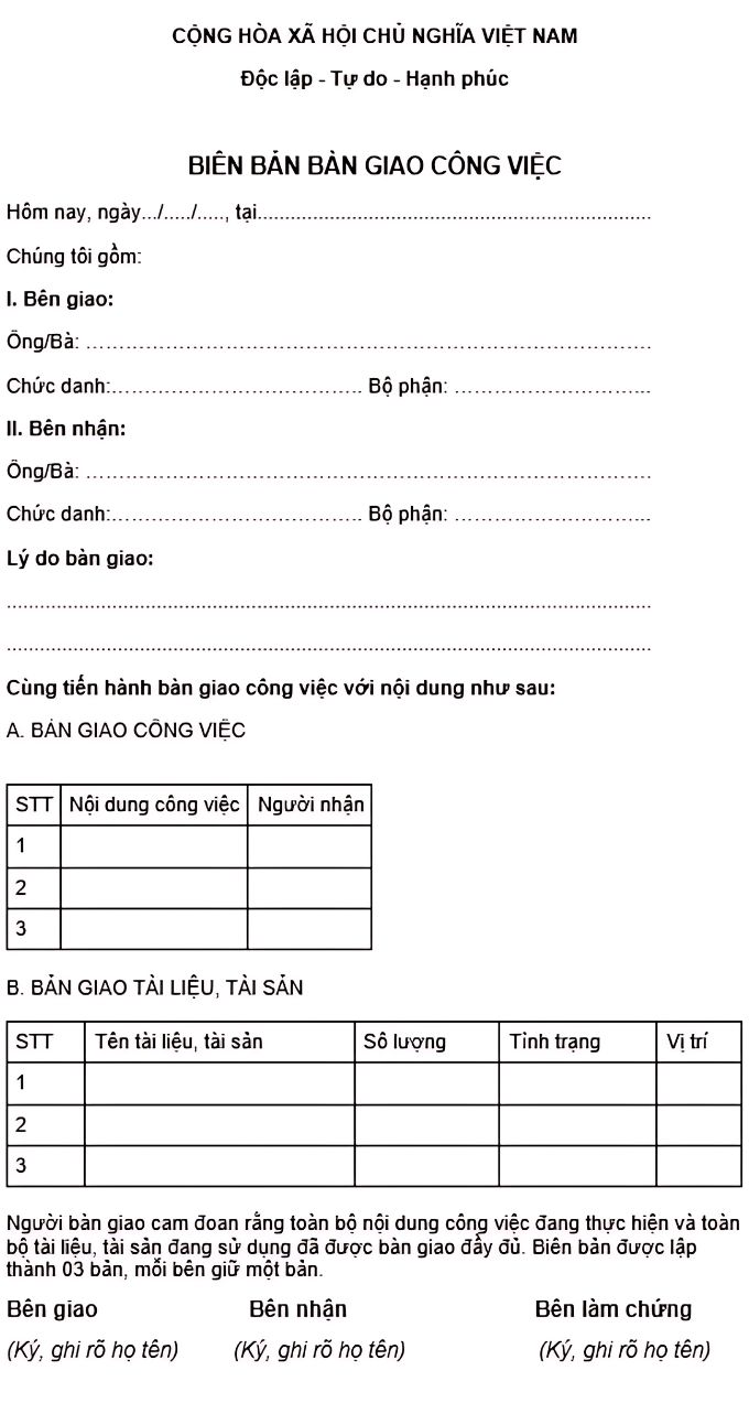 Biên bản bàn giao công việc tiếng Anh