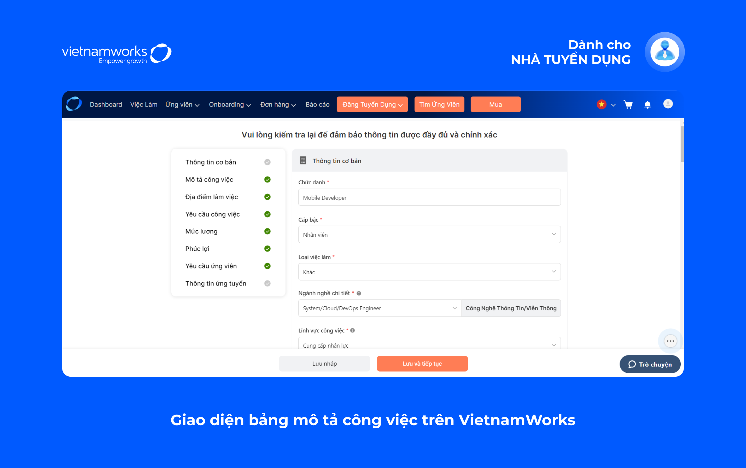 Giao diện bảng mô tả công việc trên VietnamWorks