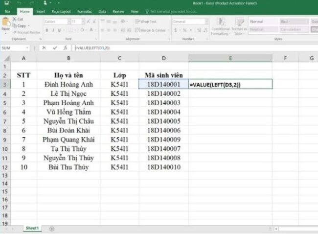 Công thức lấy 2 ký tự đầu trong Excel