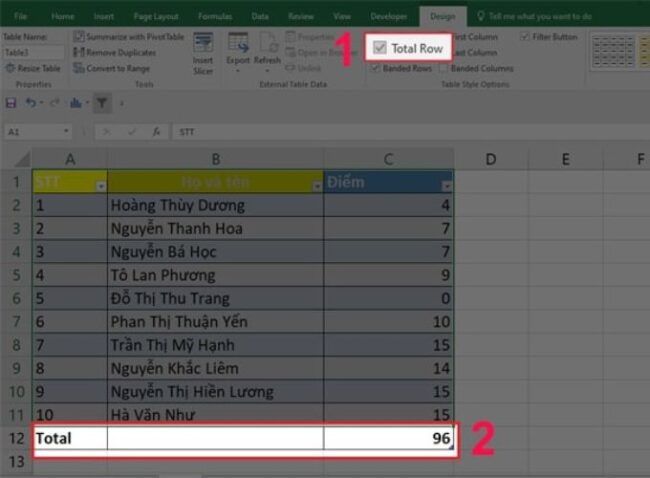 Cách tính tổng hàng ngang trong Excel