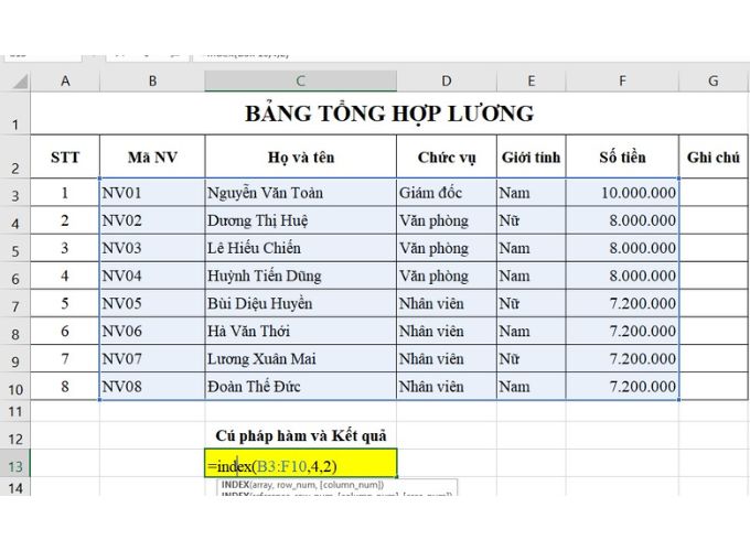 Sử dụng hàm INDEX