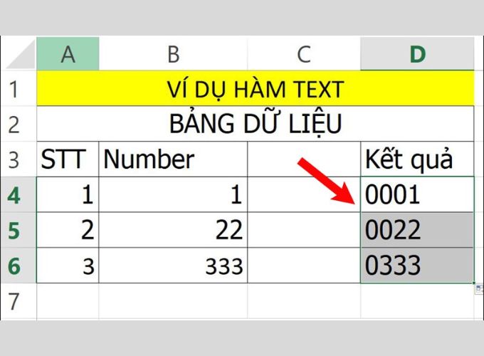 Áp dụng hàm TEXT để thêm số 0 đứng đầu mỗi số